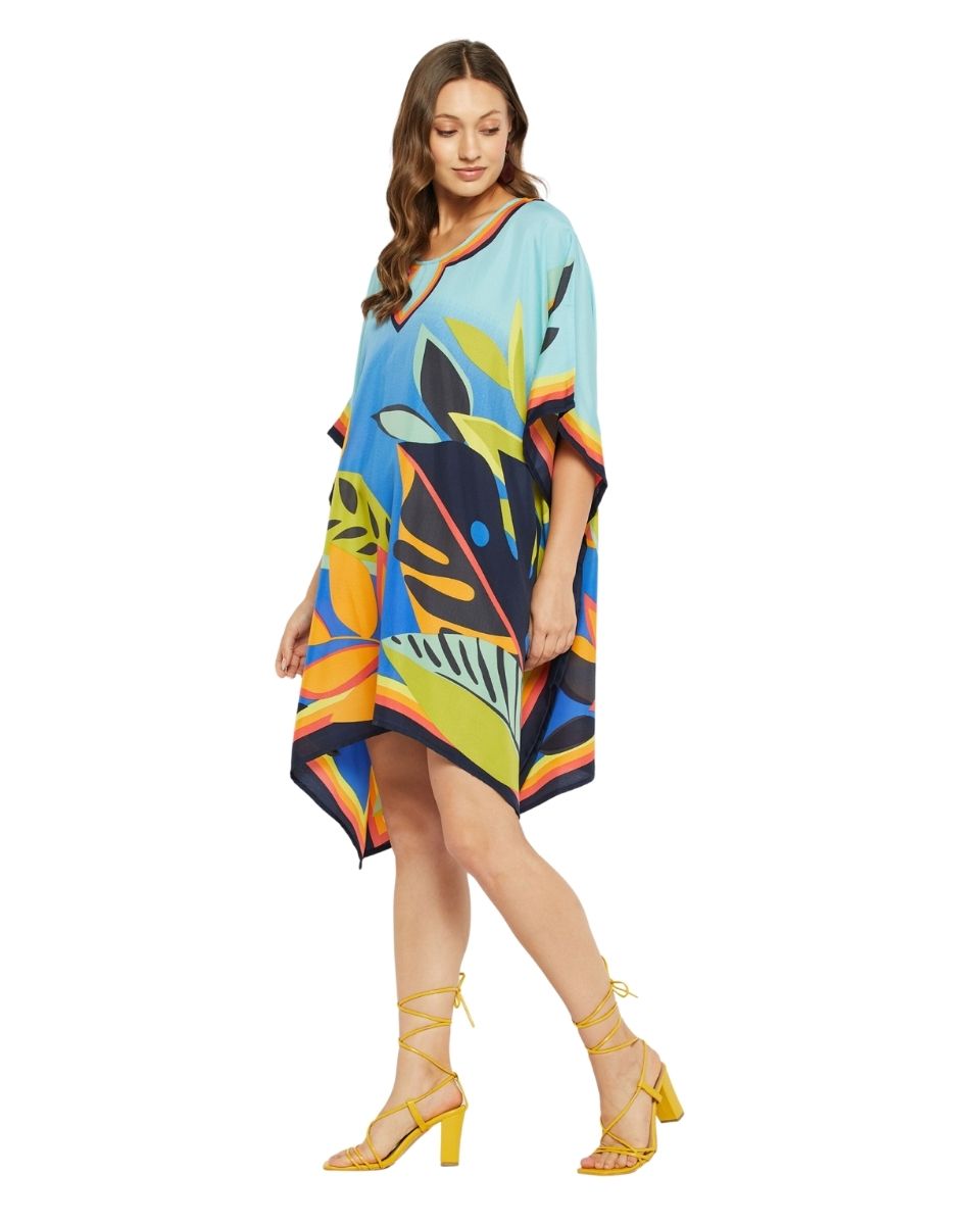 Leaf Printed Multicolor Polyester Tunic Plus Size Dress Top For Women
