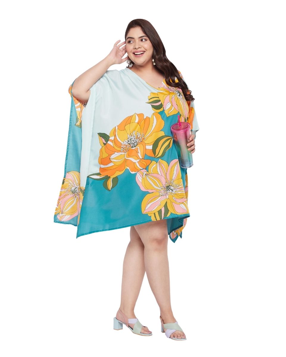 Floral Printed Multicolor Polyester Plus Size Tunic Top For Women