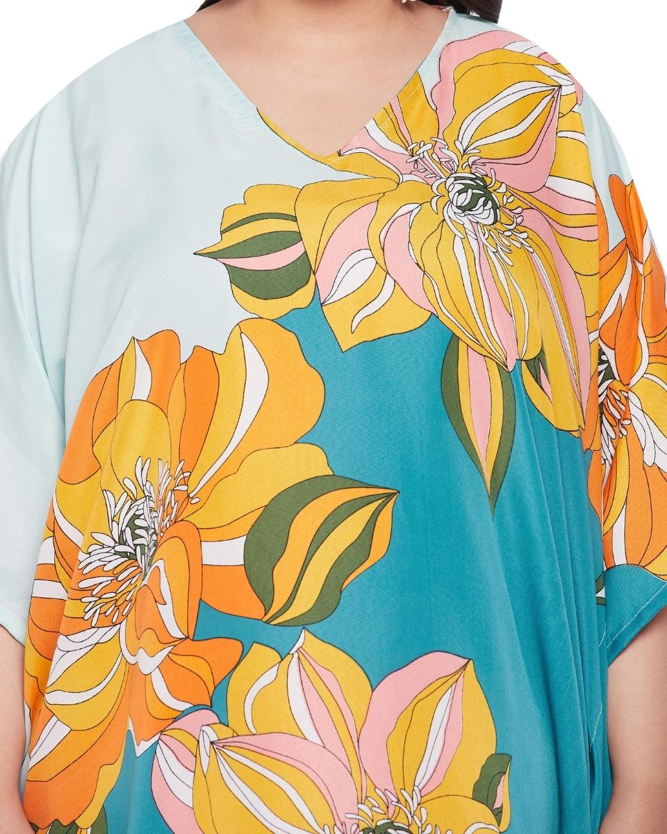 Floral Printed Multicolor Polyester Plus Size Tunic Top For Women