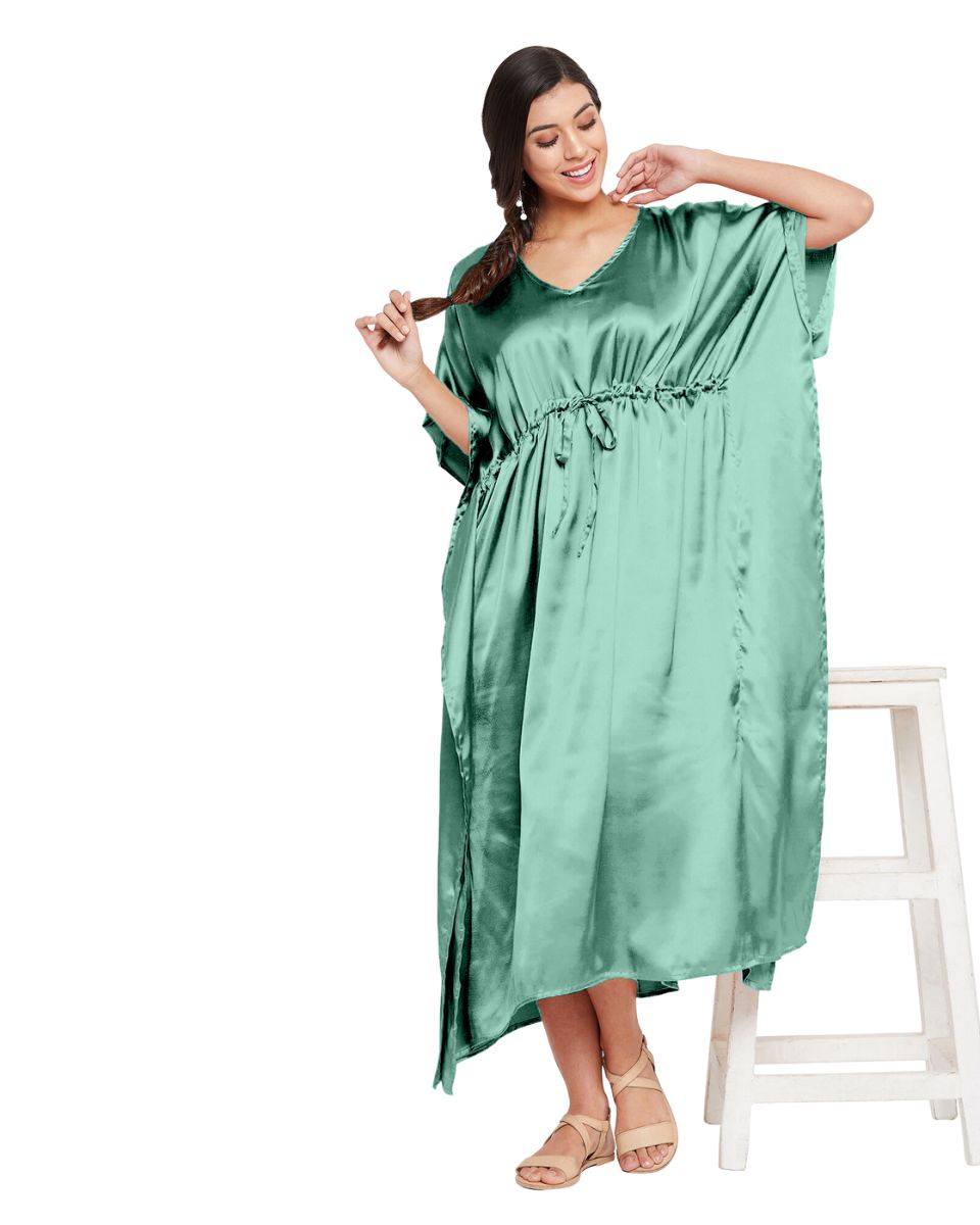 Solid Frosty Spruce Satin Kaftan Plus Size Dress For Women