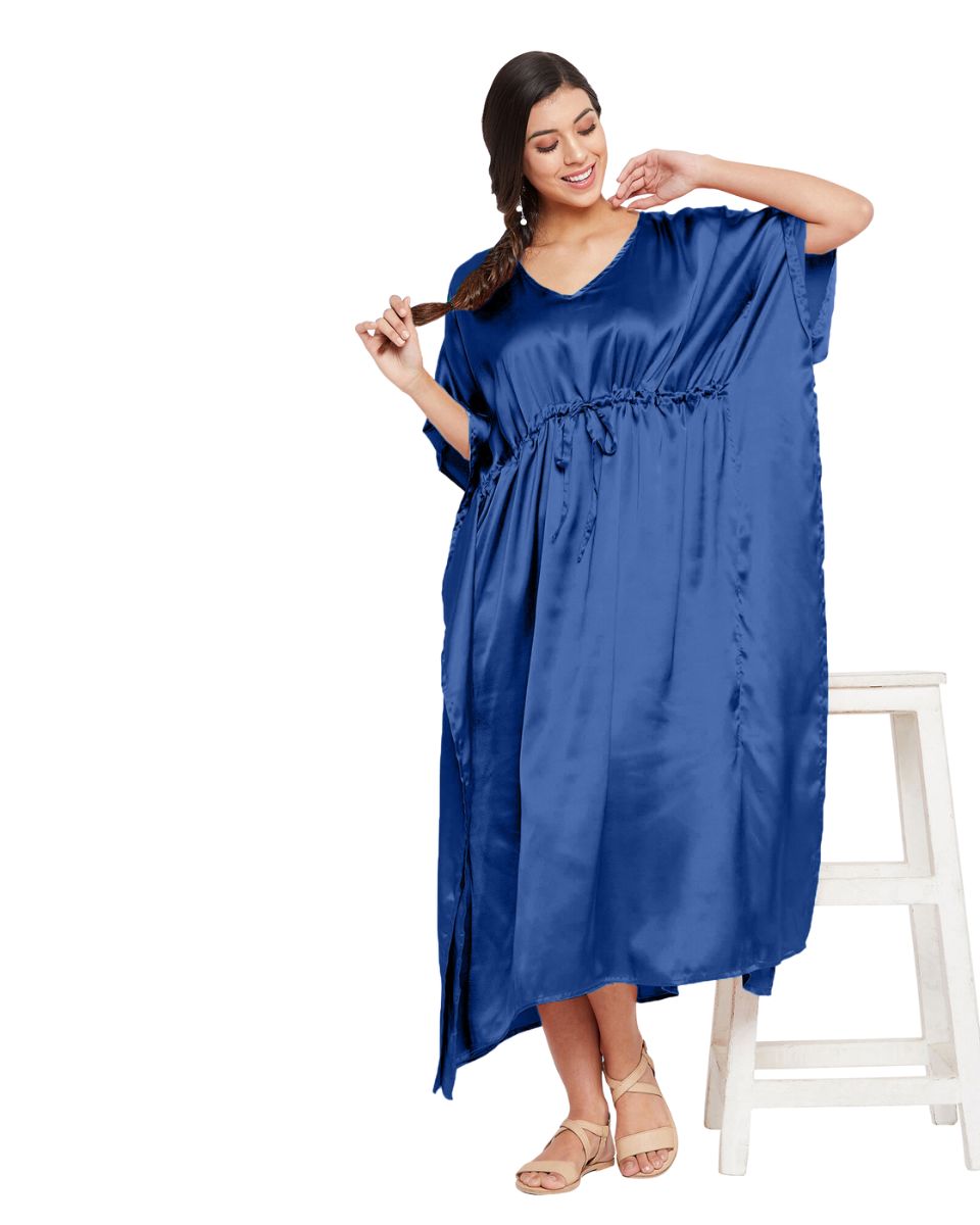 Navy Blue Solid Satin Plus Size Kaftan Dress For Women