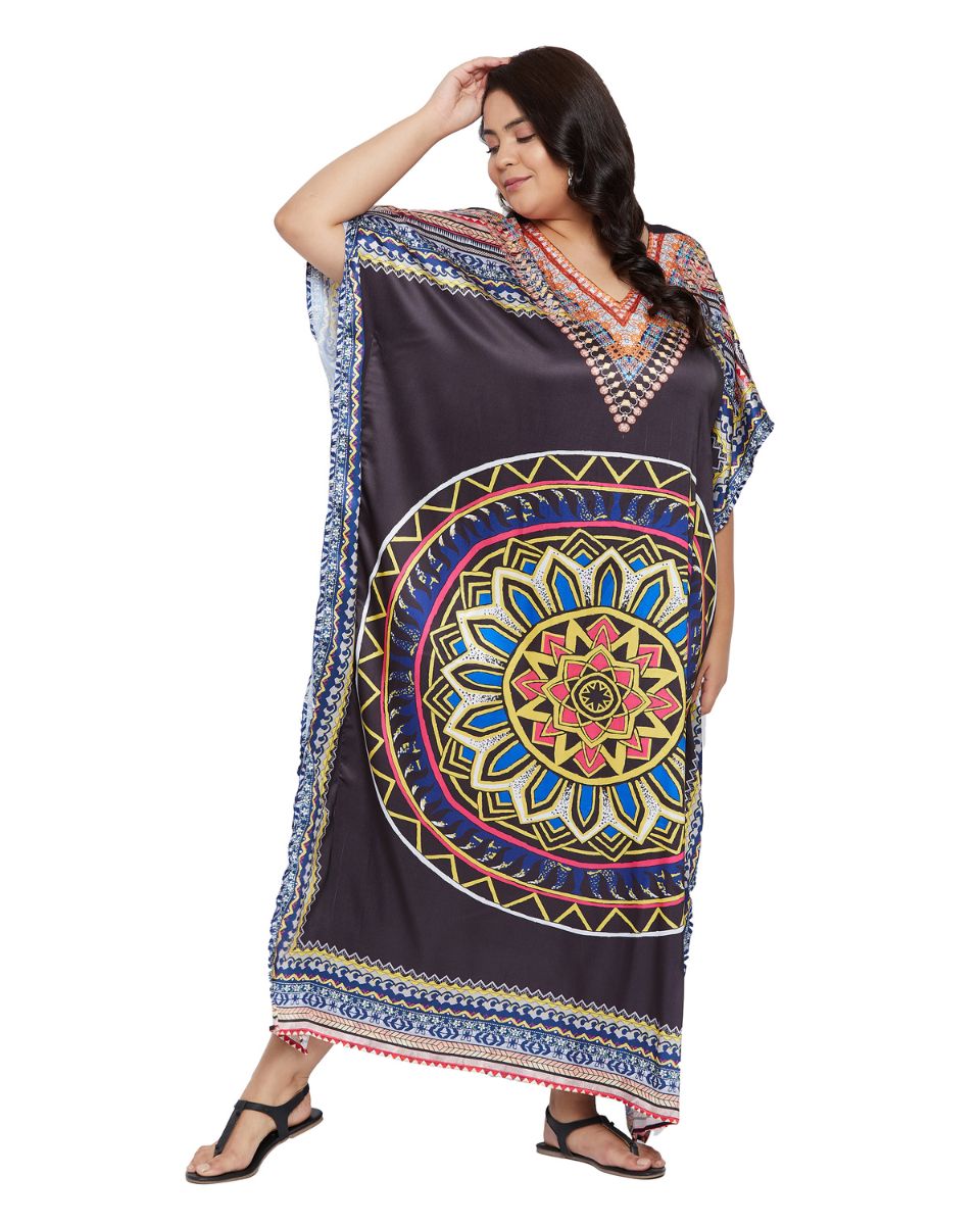 Mandala Printed Black Satin Kaftan Plus Size Dress For Women