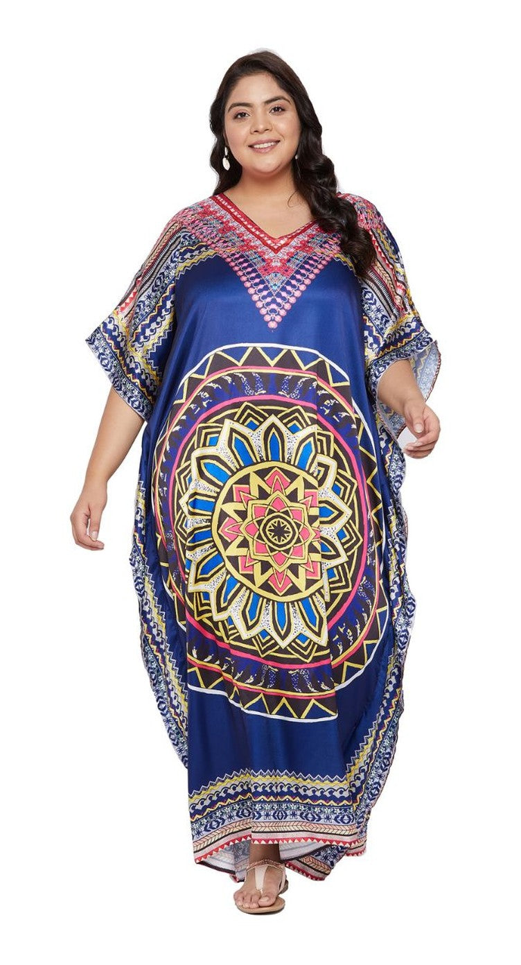 Navy satin plus size kaftan dress with gold mandala medallion print and embellished V-neck