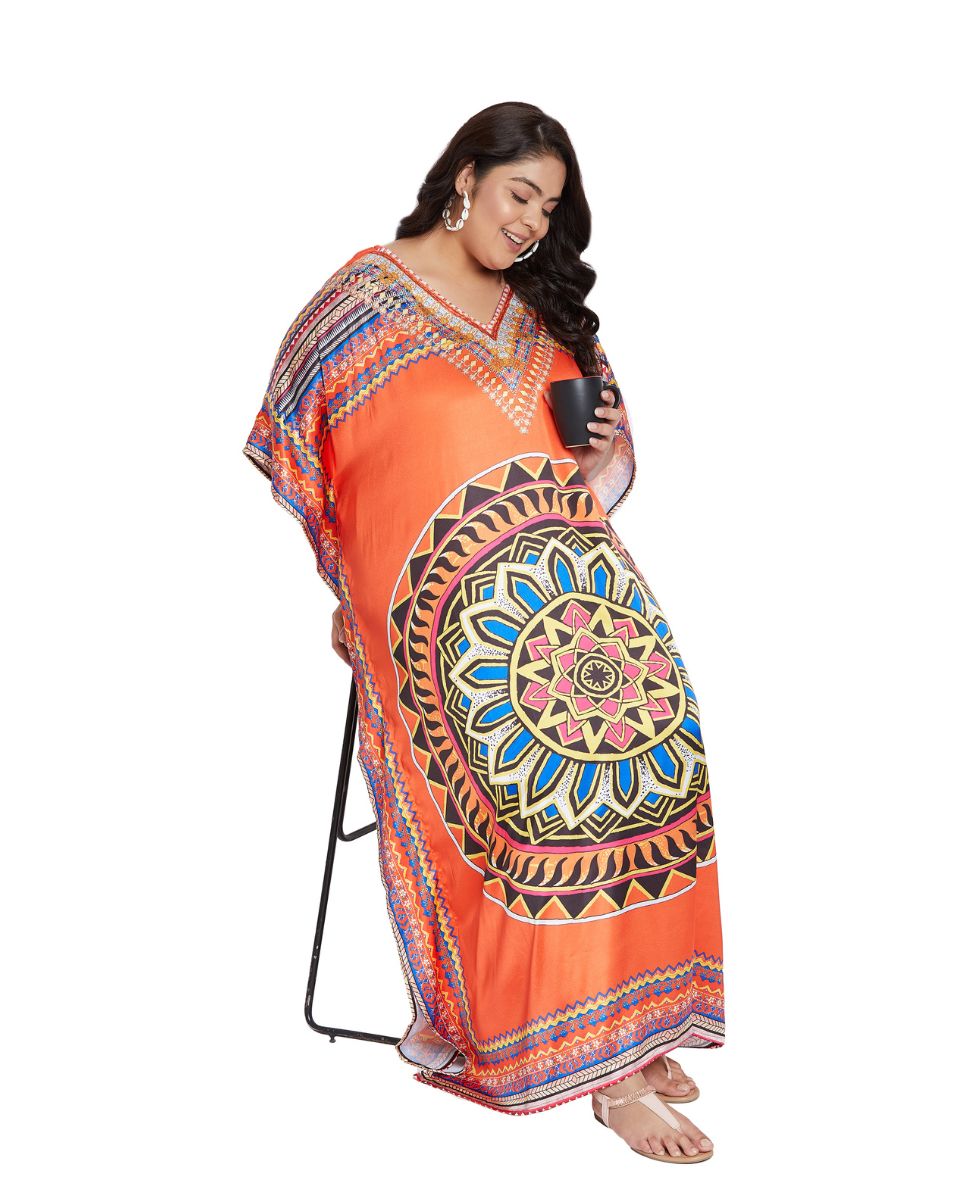 Mandala Printed Orange Satin Plus Size Kaftan Dress For Women