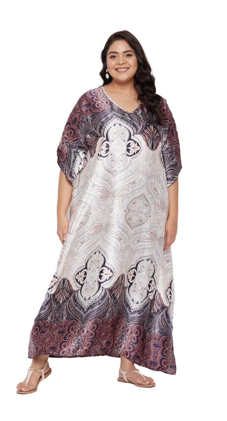 Silver and mauve medallion print satin plus size kaftan dress with V-neck