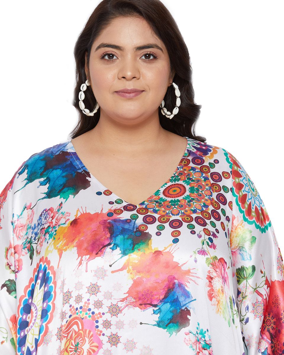 Women's White Floral Maxi Kaftan