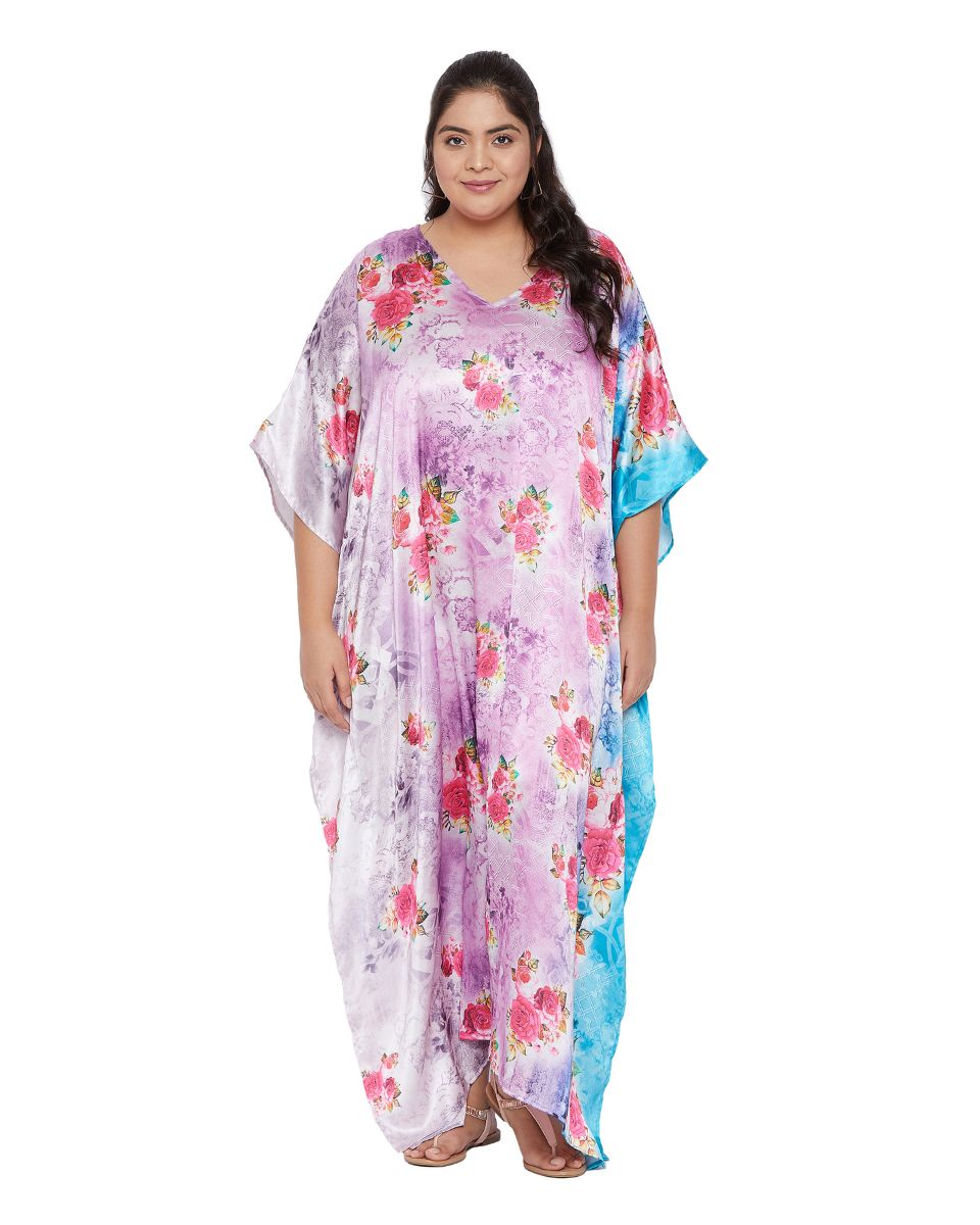 Pink Floral Pattern Kimono Sleeve Maxi Kaftan