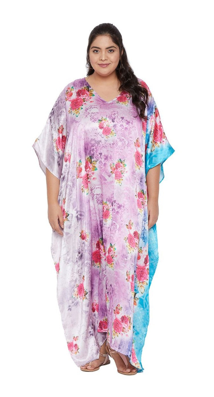 Floral Printed Pink Satin Kaftan Dress For Plus Size Women - SKU SG152-2017-PNK - Gypsie Blu