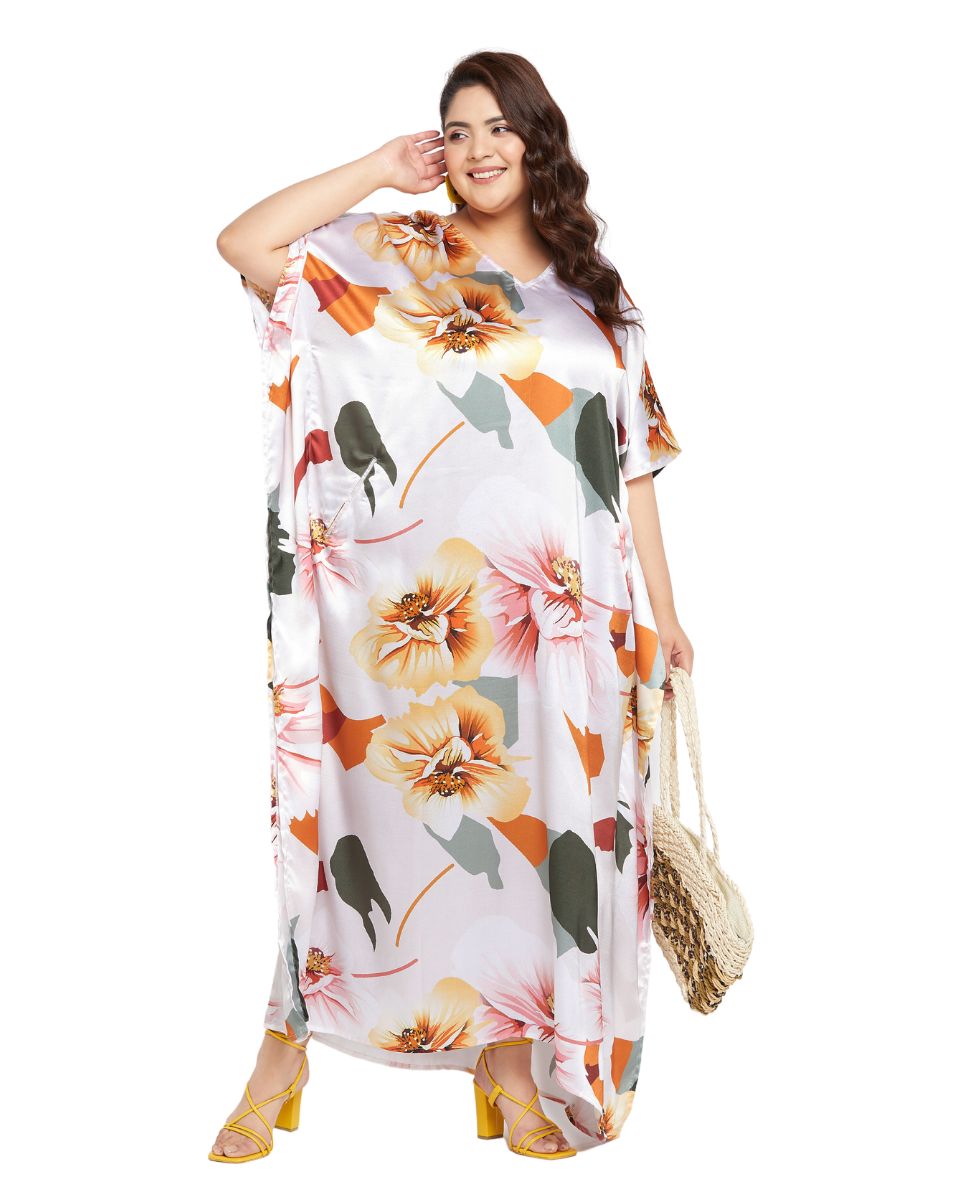Floral Blanc de Blanc Satin Kaftan