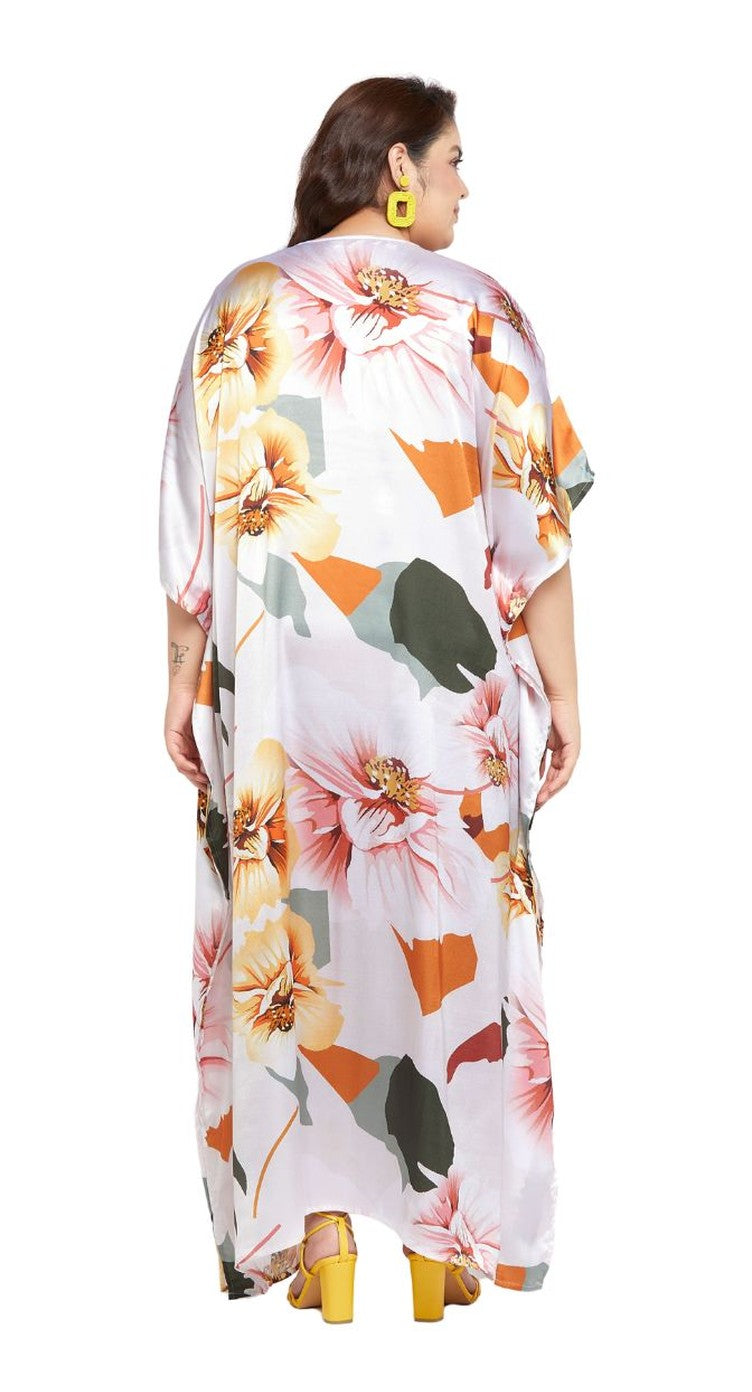 White satin plus size kaftan dress with orange and pink poppy floral print — extra view