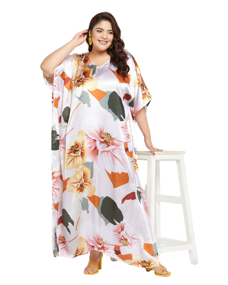 Floral Printed White Satin Kaftan Plus Size Dress For Women