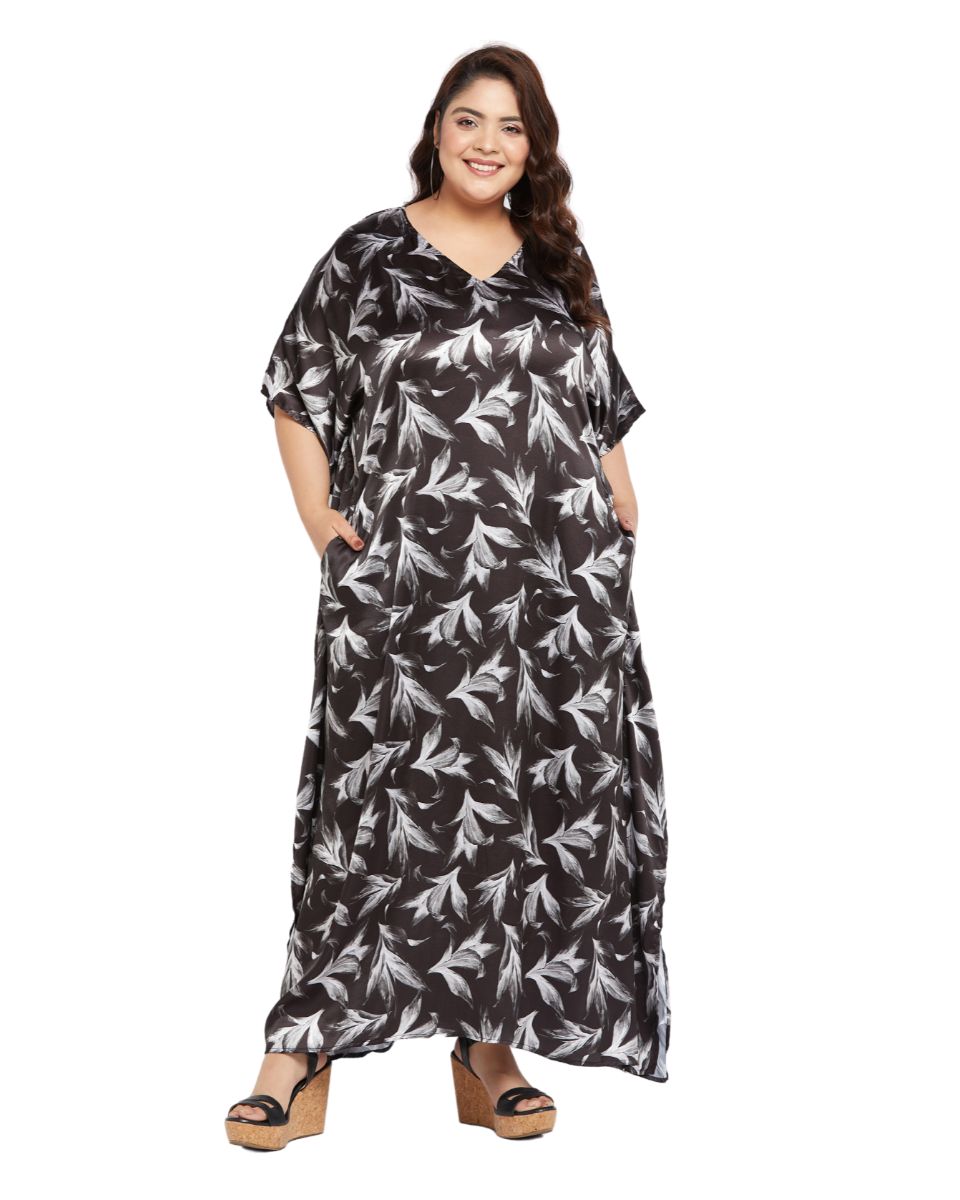 Black Satin Long Kaftan Dress with Leaf Print