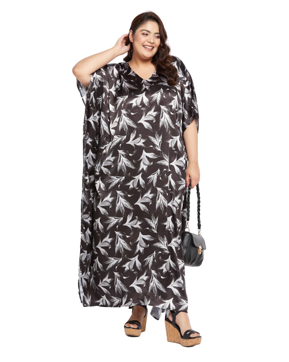 Elegant Leaf Patterned Satin Kaftan