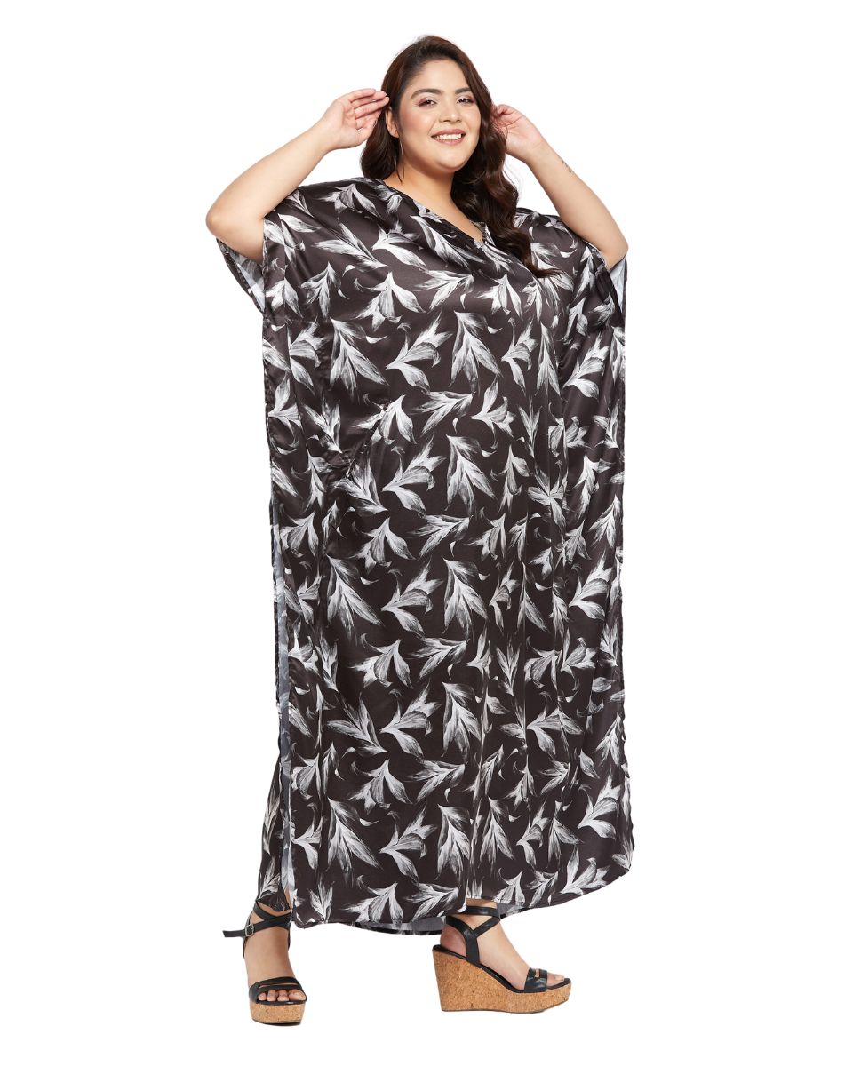 Black Satin Kaftan with Leaf Design