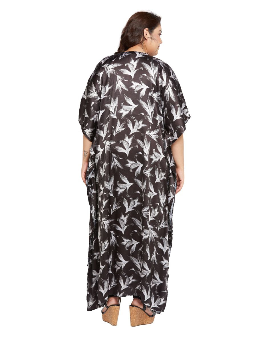 Leaf Print Black Satin Party Dress for Women