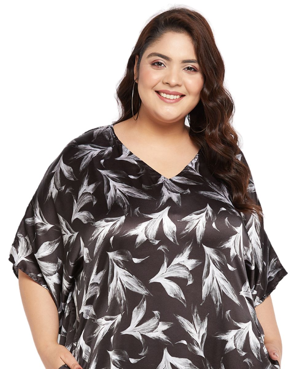 Women's Leaf Printed Black Satin Dress
