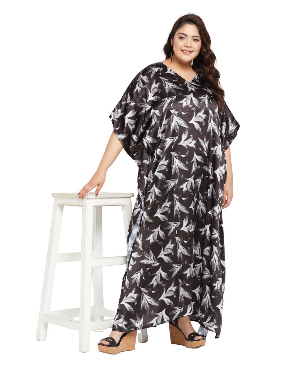Floral Printed Black Plus Size Satin Kaftan Dress For Women