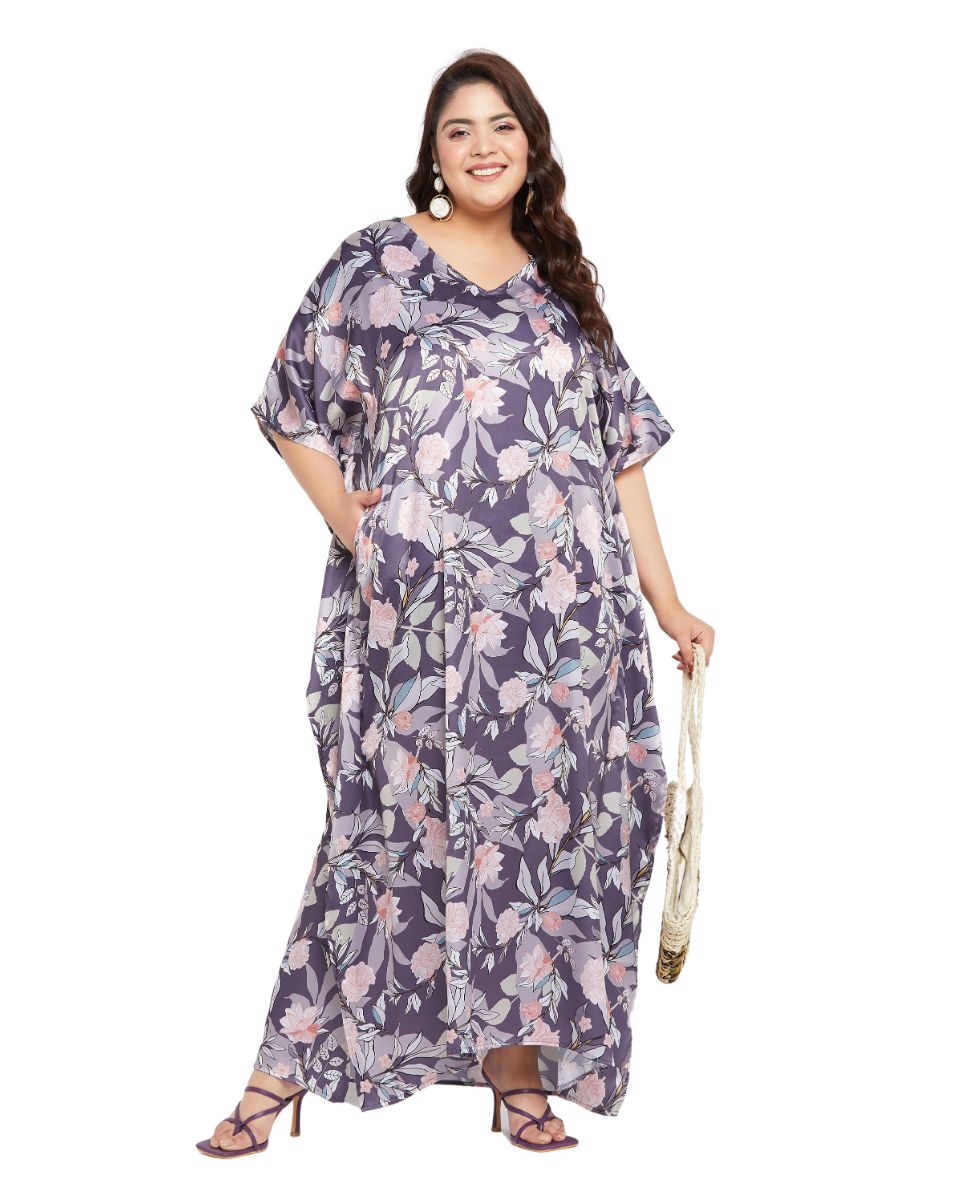Buy Floral Printed Light Purple Satin Kaftan Long Dress for Women Now! Buy Floral Printed Light Purple Satin Kaftan Long Dress for Women Now!