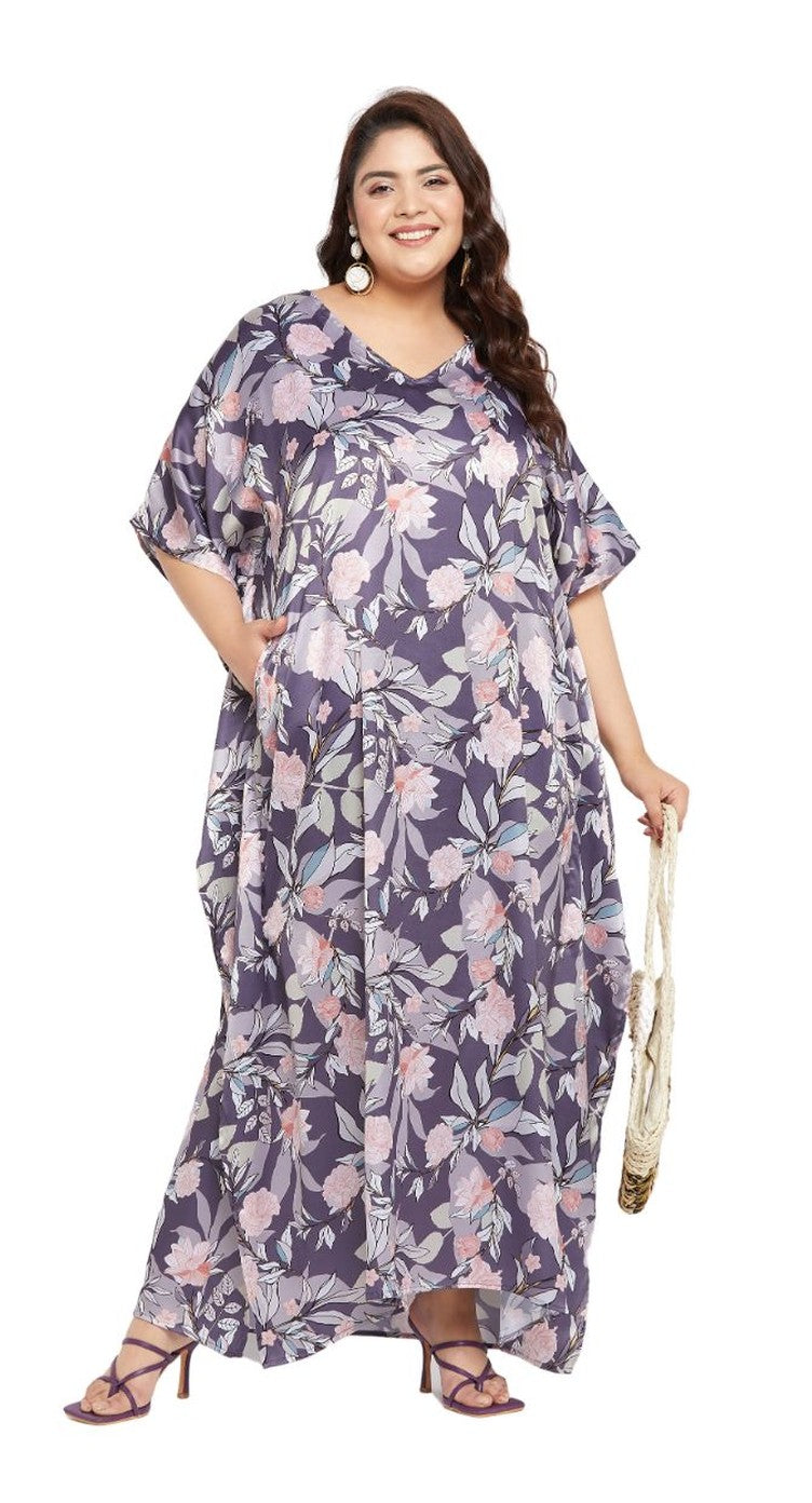 Floral Printed Light Purple Satin Kaftan Dress For Plus Size Women - SKU SG152-2025-CADT - Gypsie Blu
