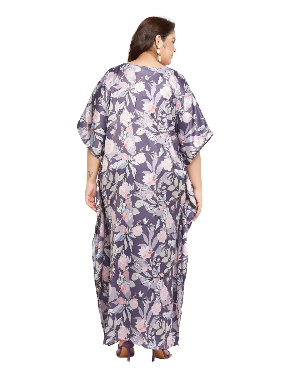 Floral Printed Light Purple Satin Kaftan Dress For Plus Size Women