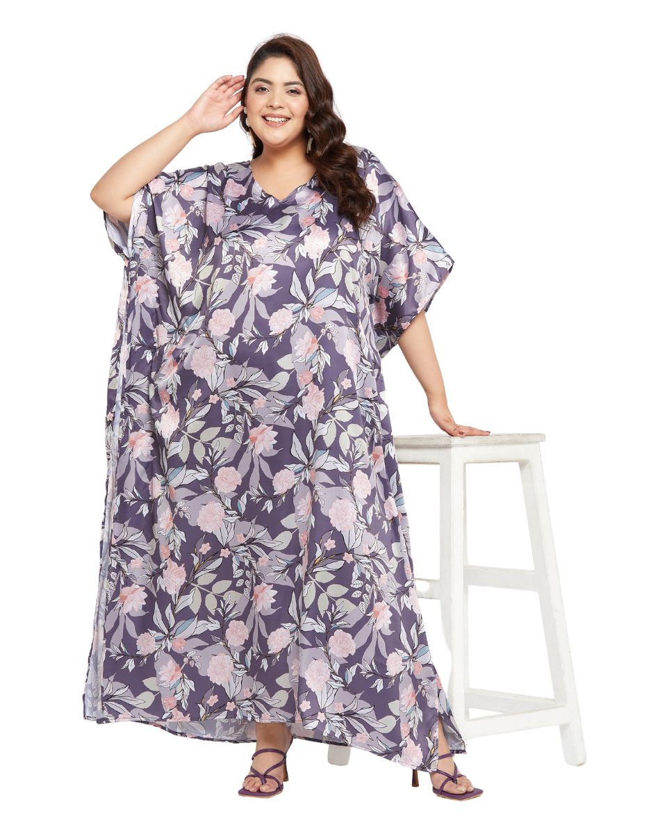 Floral Printed Light Purple Satin Kaftan Dress For Plus Size Women