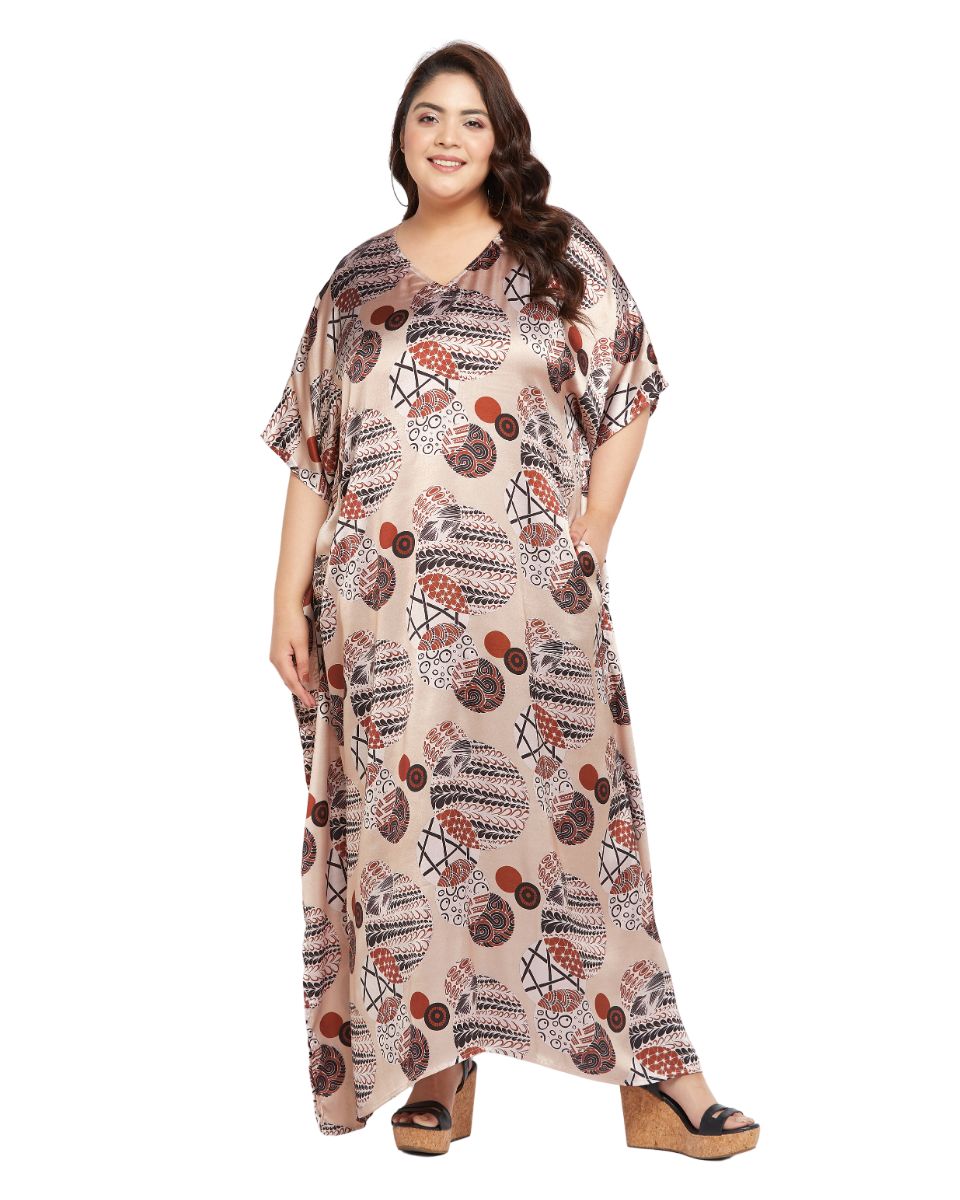 Floral Printed Beige Satin Kaftan Long Dress