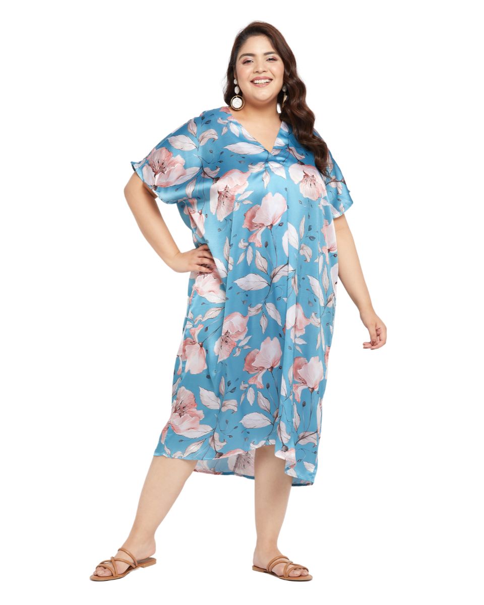 Floral Printed Pastel Blue Satin Kaftan Long Dress