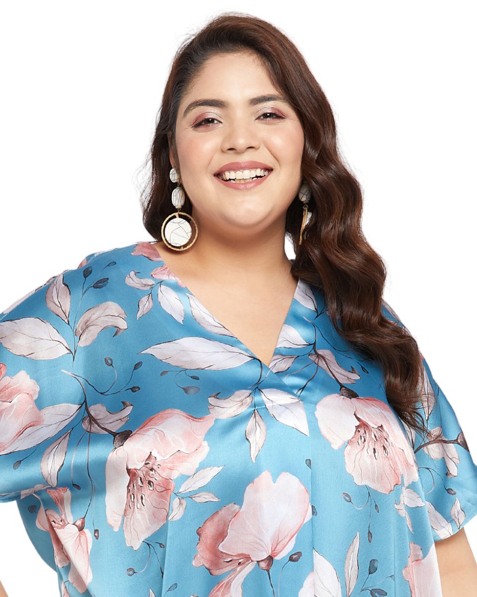 Satin Kaftan Long Dress with floral print