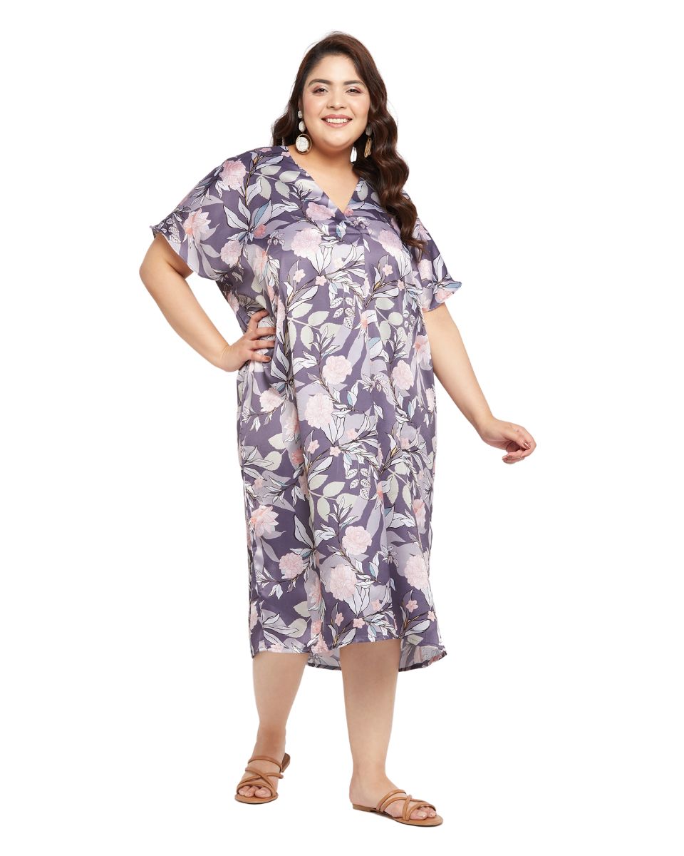 Floral Printed Light Purple Satin Kaftan Dress