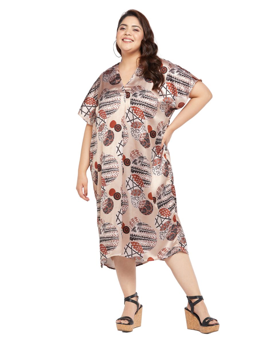 Floral Printed Beige Satin Kaftan Long Dress