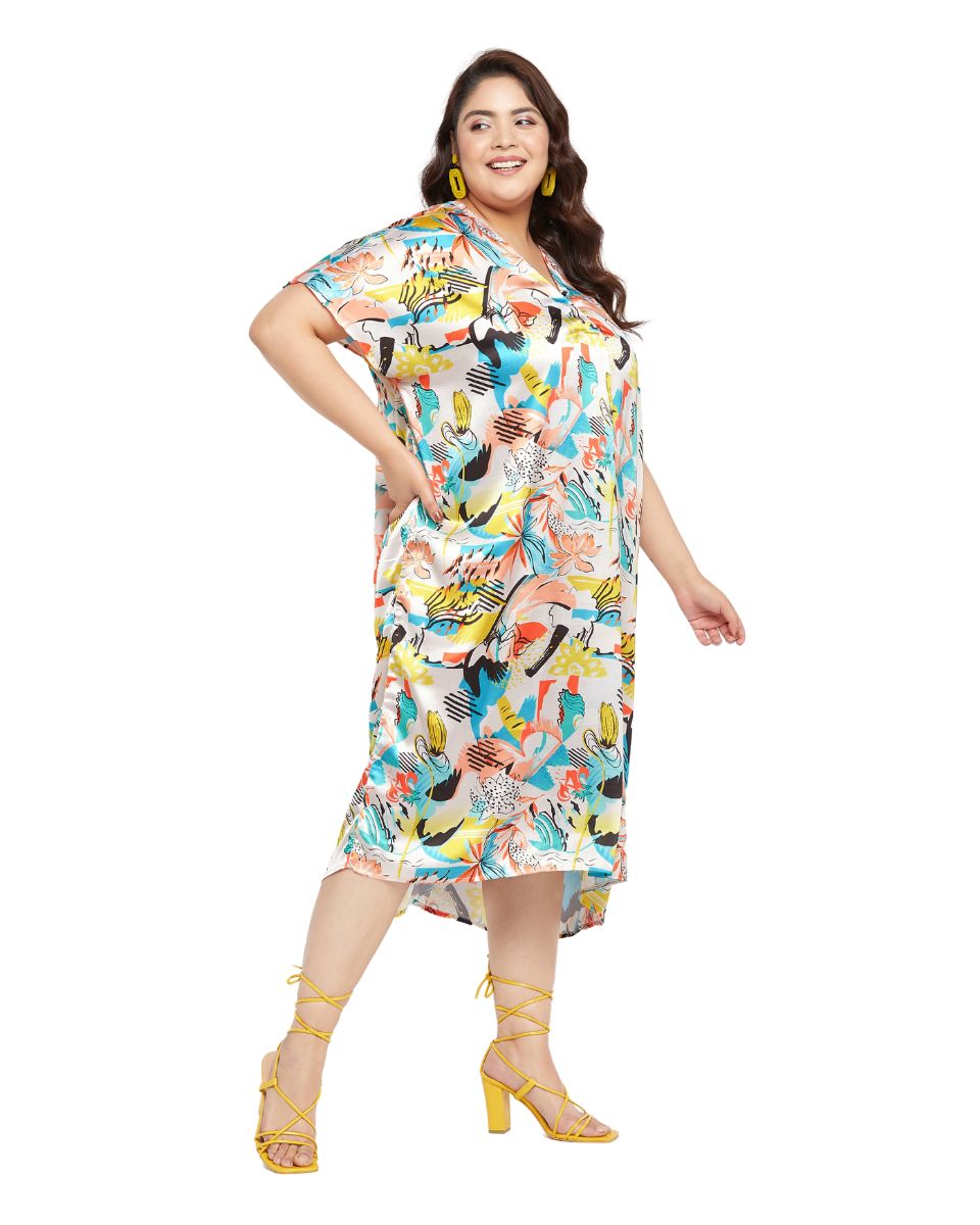 Stylish Satin Kaftan Dress with Floral Pattern