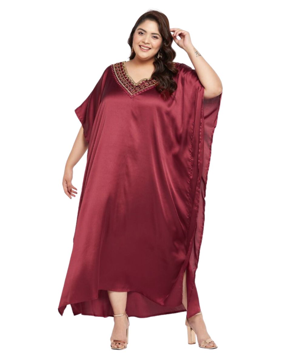 Solid Maroon Satin Kaftan Dress
