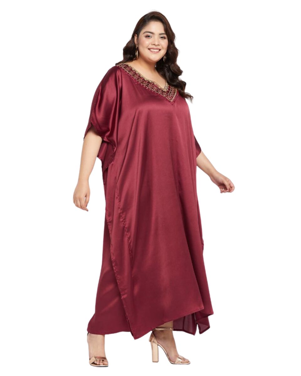 Maroon Satin Kaftan with Long Sleeves