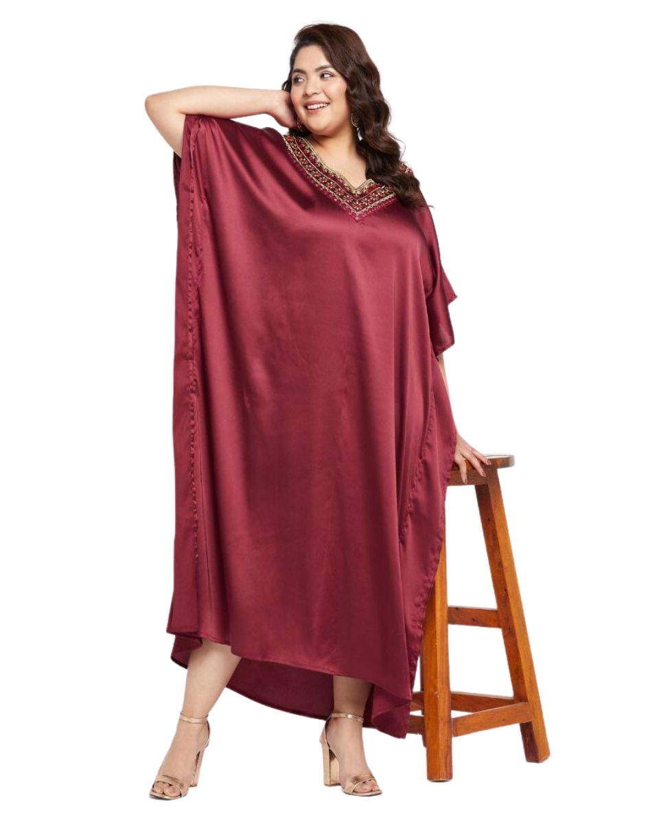 Solid Maroon Satin Kaftan Dress For Plus Size Women