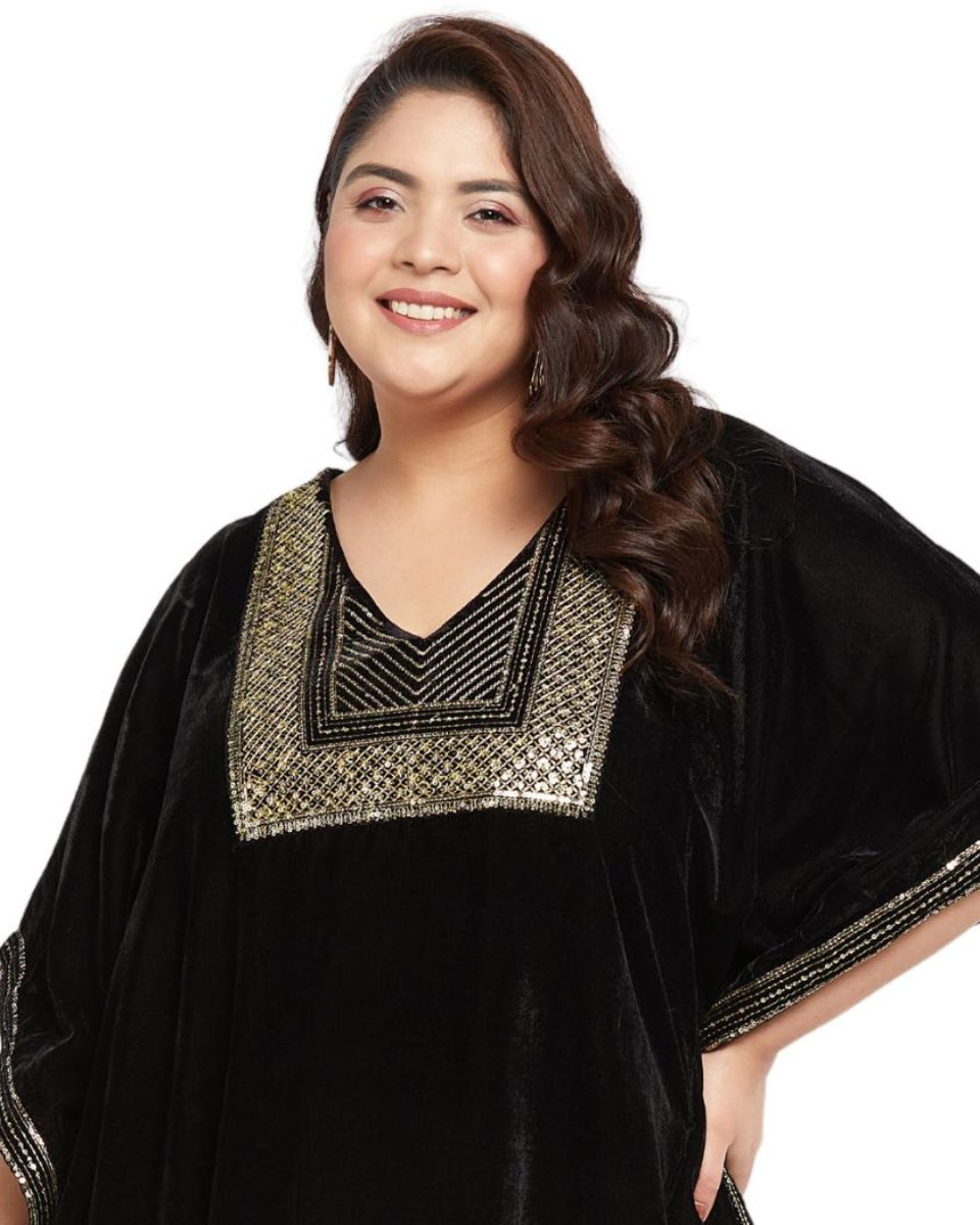 Black And Golden Embroidered Plus Size Velvet Kaftan for Women