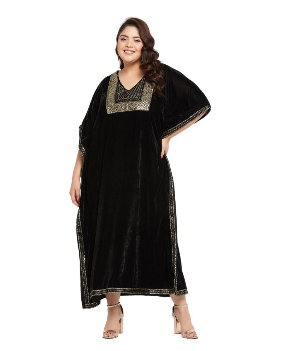 Black And Golden Embroidered Plus Size Velvet Kaftan for Women