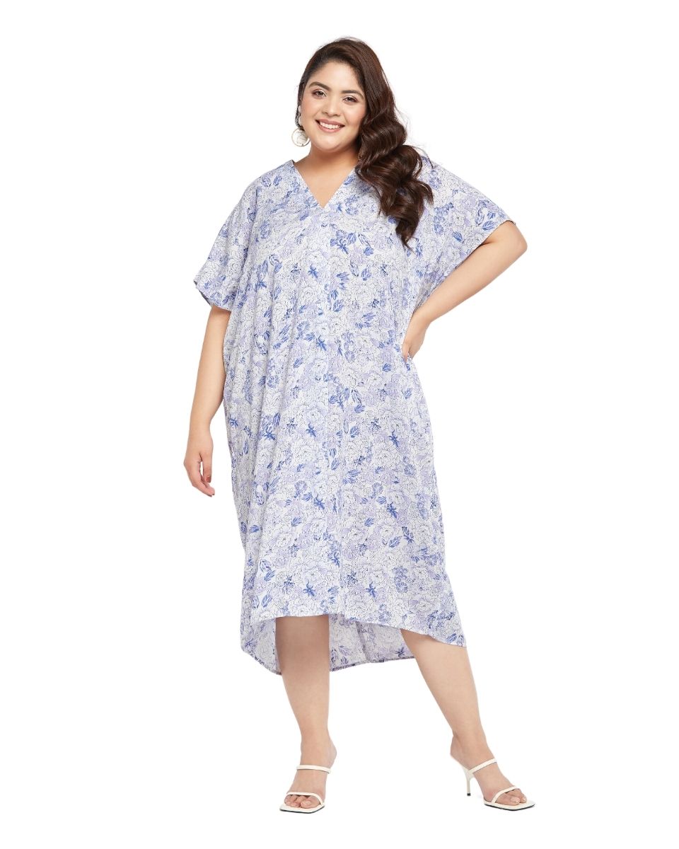 Floral Printed White Satin Kaftan Dress