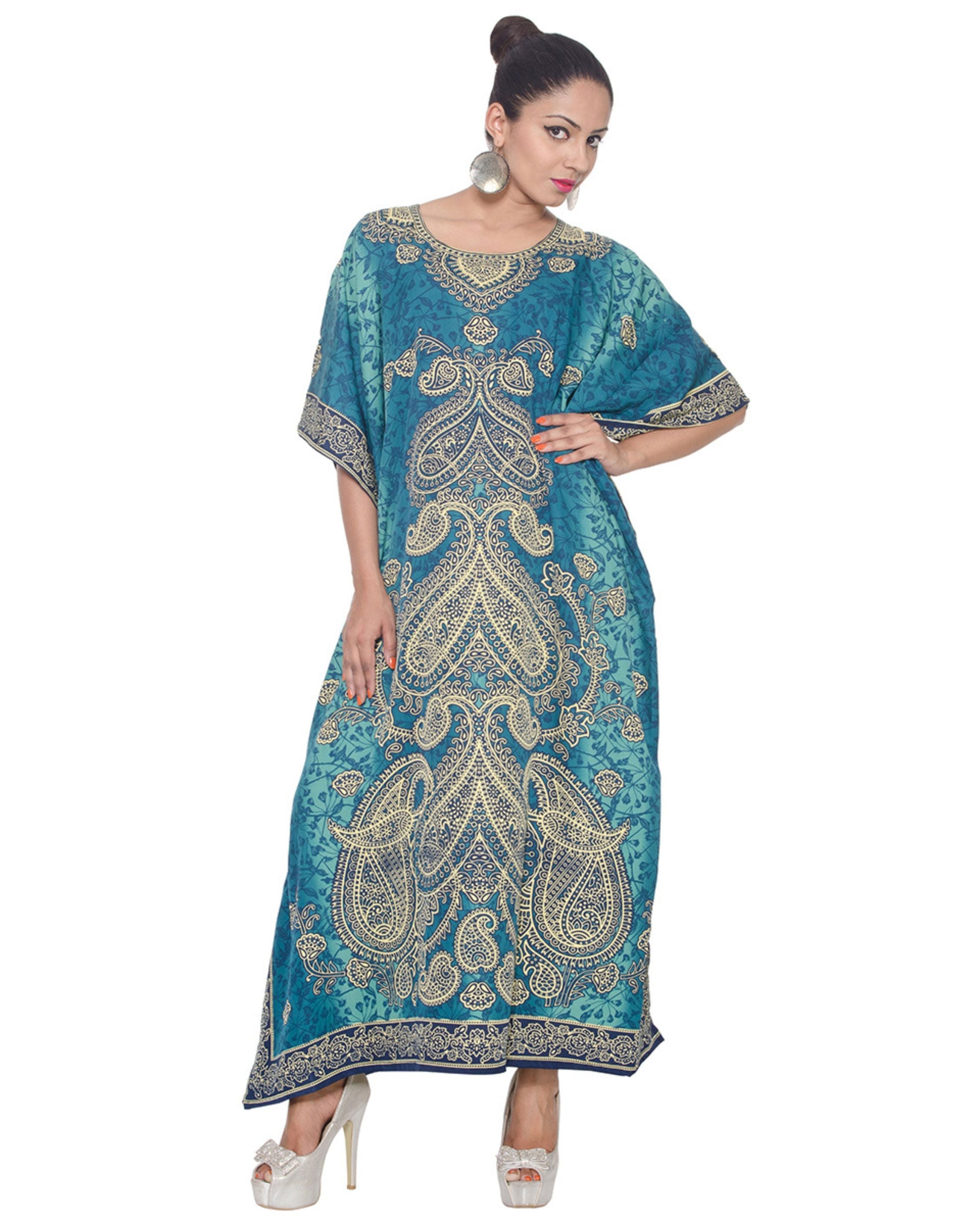 Paisley Print Turquoise Polyester Plus Size Kaftan For Women