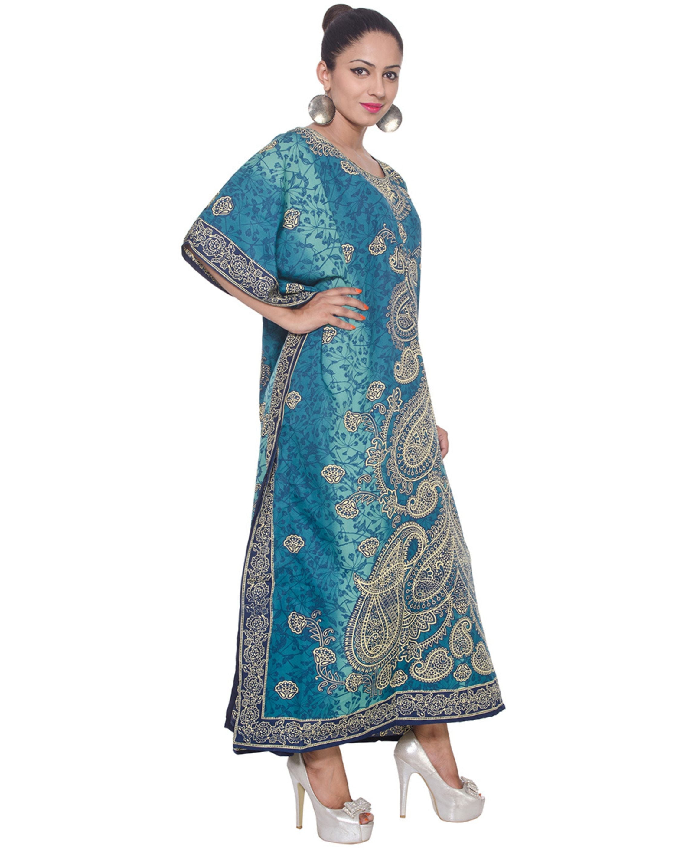 Paisley Print Turquoise Polyester Plus Size Kaftan For Women