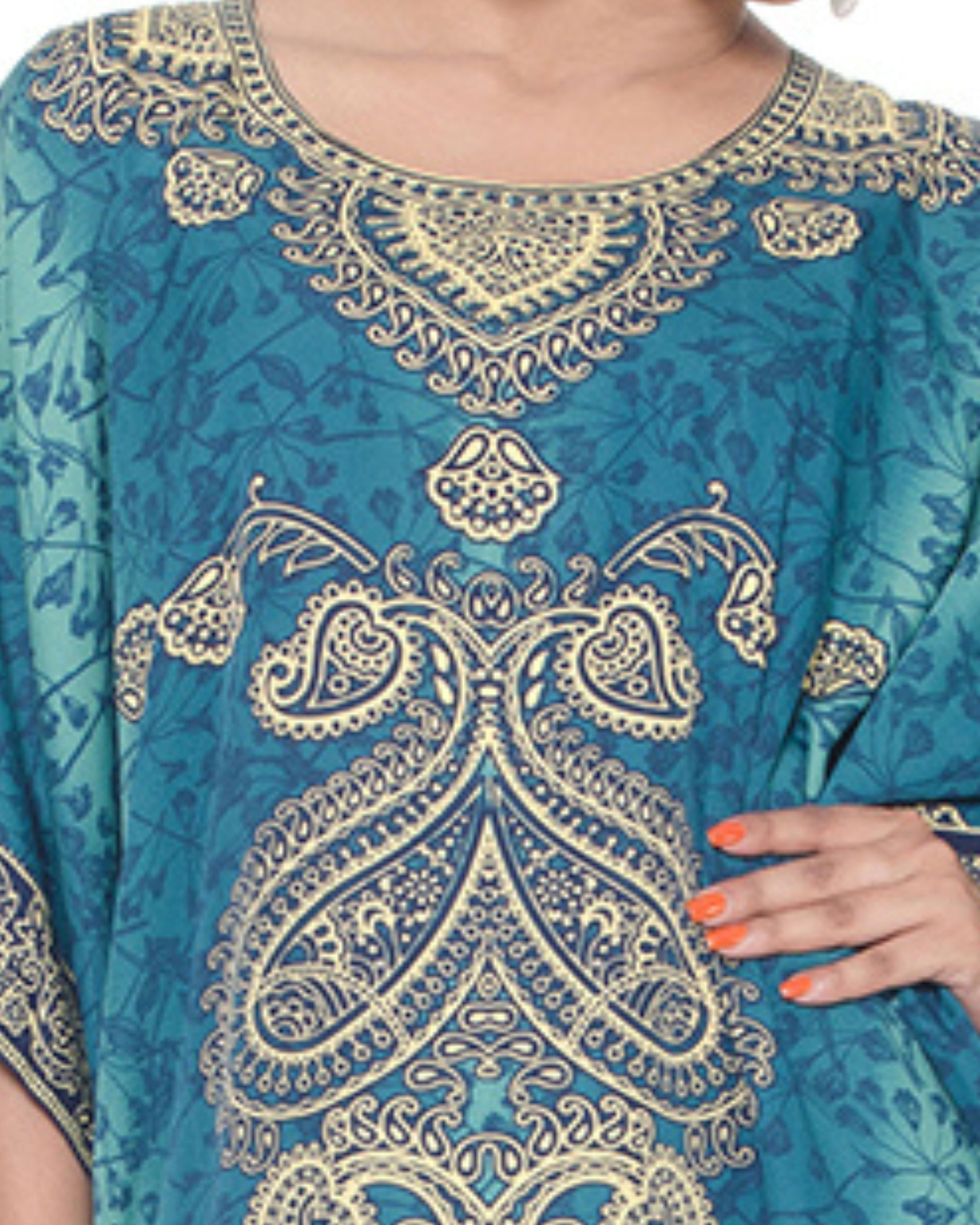 Paisley Print Turquoise Polyester Plus Size Kaftan For Women