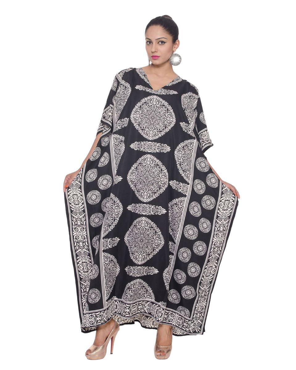 Floral Printed Black Polyester Kaftan Plus Size Dress For Women