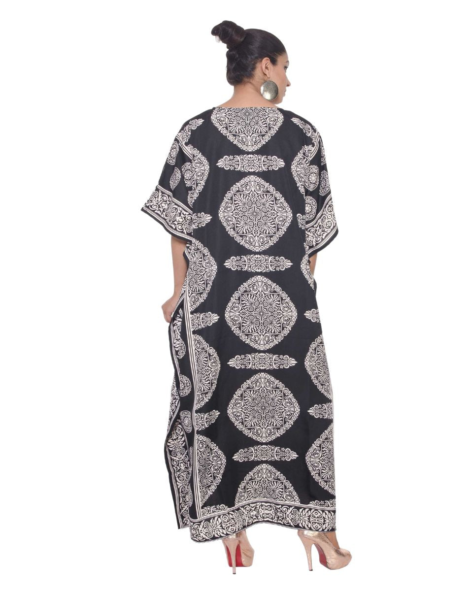Floral Printed Black Polyester Kaftan Plus Size Dress For Women