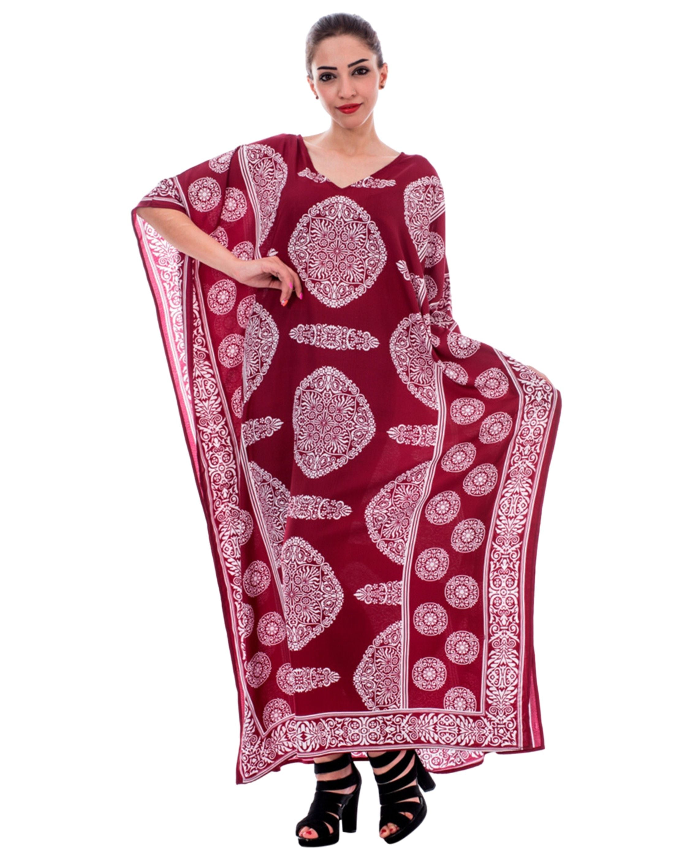 Floral Printed Wine Polyester Kaftan Plus Size Dress For Women