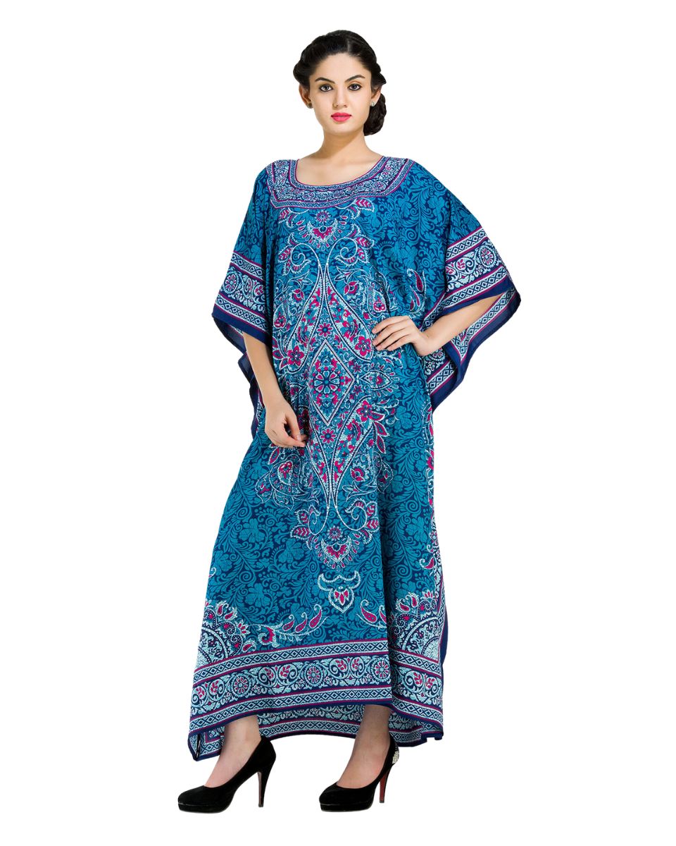 Floral Blue Polyester Plus Size Kaftan Dress For Women