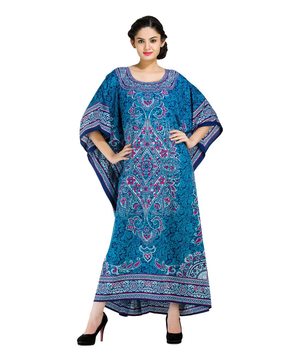 Floral Blue Polyester Plus Size Kaftan Dress For Women