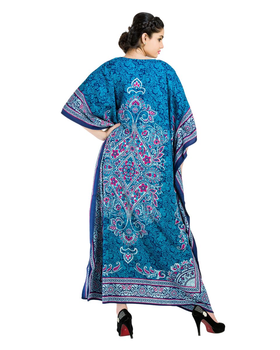 Floral Blue Polyester Plus Size Kaftan Dress For Women