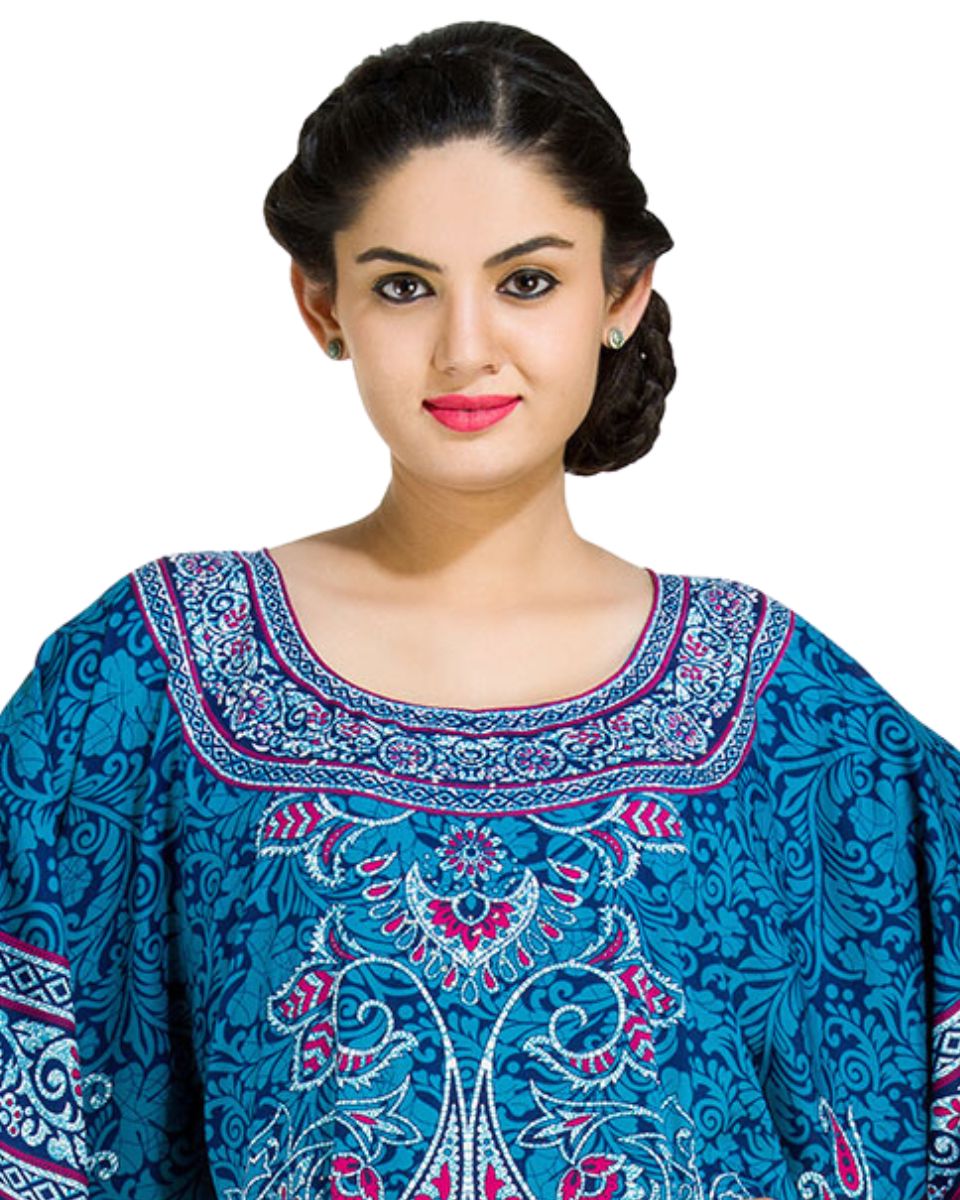 Floral Blue Polyester Plus Size Kaftan Dress For Women