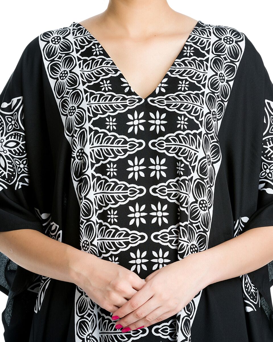 Floral Printed Black Polyester Kaftan Plus Size Dress For Women