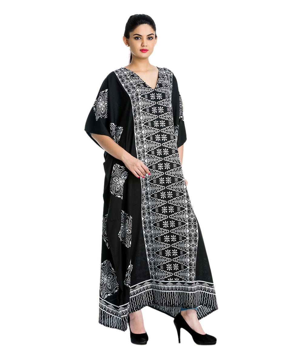 Floral Printed Black Polyester Kaftan Plus Size Dress For Women