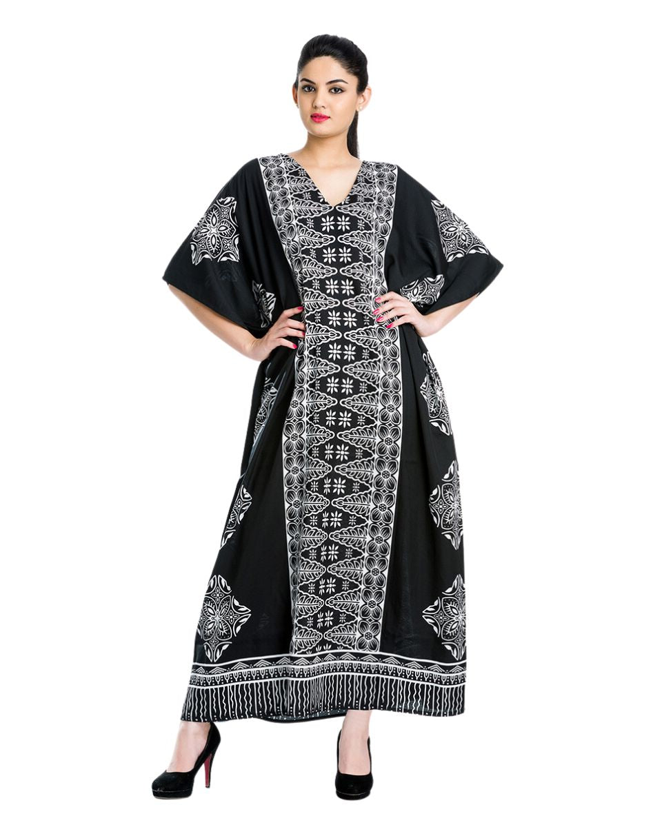 Floral Printed Black Polyester Kaftan Plus Size Dress For Women
